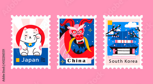 Japan, China, South Korea. Postage mail stamps, postmarks. Various famous countries of the world with popular stuff. Hand drawn colored vector set. Modern trendy illustration. Every stamp is isolated