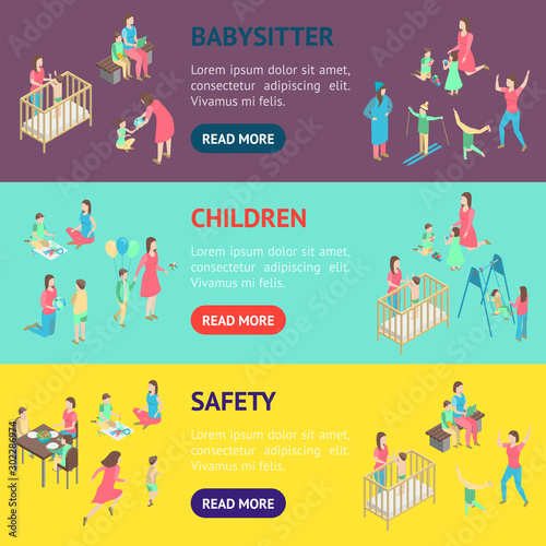 Characters Different Nanny Concept Banner Horizontal Set 3d Isometric View. Vector