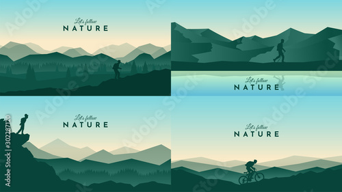 Vector landscapes set. Travel concept of discovering, exploring and observing nature. Hiking. Adventure tourism. The guy watches nature, riding at mountain bike, climbing to the top and going hike 