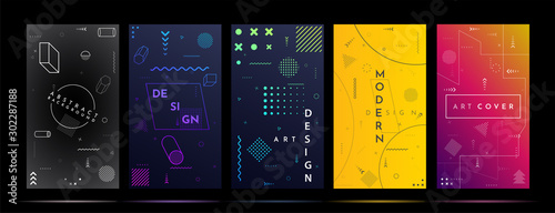 Memphis pattern. Vibrant vector illustration. Black and color gradient background set. Element for design business cards, party invitations, social media stories template, discount voucher, flyers. 