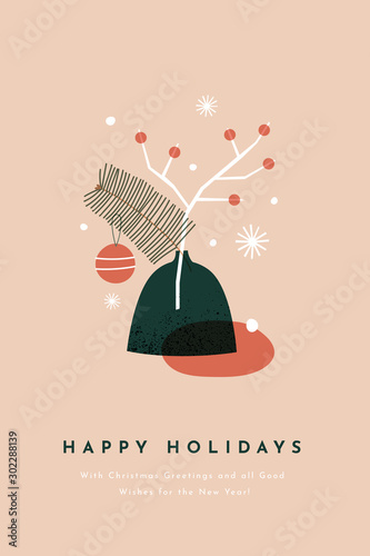 Greeting card. New Year picture with a fir branch in a vase. Merry Christmas and happy holidays. Xmas creative poster layout. Vector seasonal illustration on a light background.