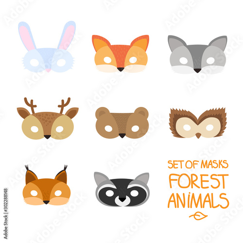 illustration set of cartoon animal forest carnival masks: bear, fox, hare, wolf, owl, squirrel, deer, raccoon. mask on the eyes of a masquerade. vector