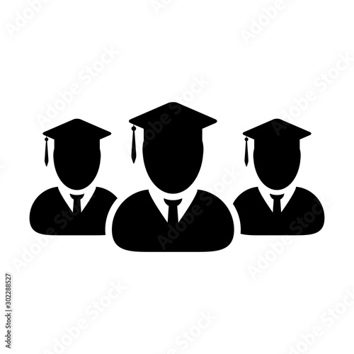 Education icon vector male group of students person profile avatar with mortar board hat symbol for school, college and university graduation degree in flat color glyph pictogram illustration