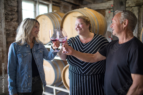 Group of three cheers their glasses during wine tasting tour. photo