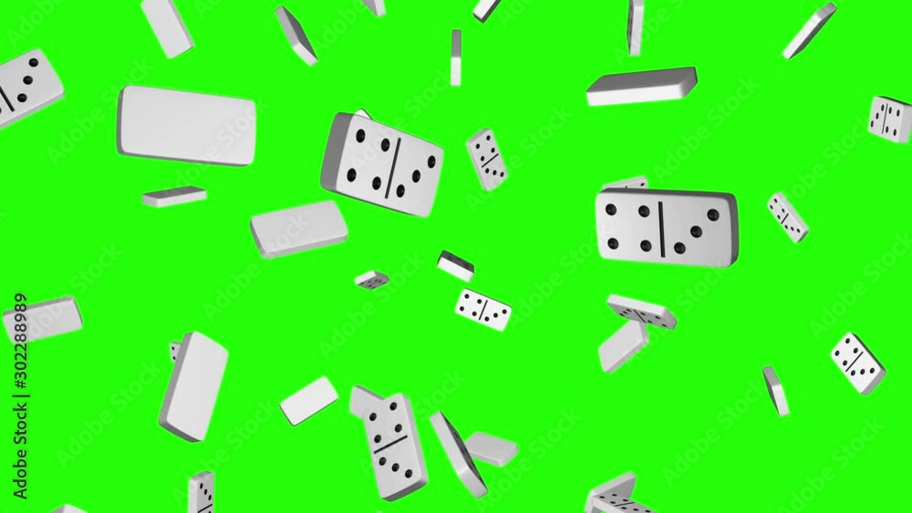  Rain of white domino game pieces falling on green screen or chroma key background. Casino gambler concept. Close up view. 3d animation in 4k