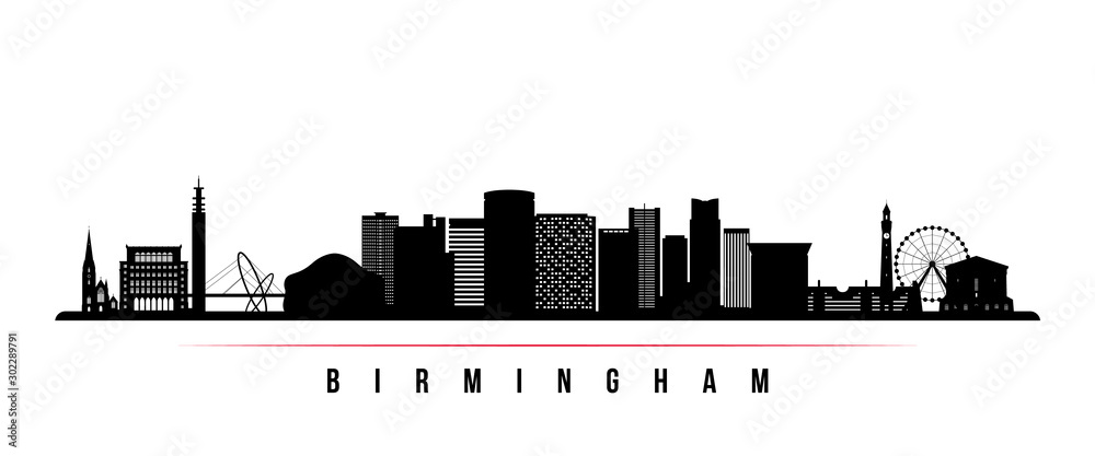 Birmingham skyline horizontal banner. Black and white silhouette of Birmingham, United Kingdom. Vector template for your design.