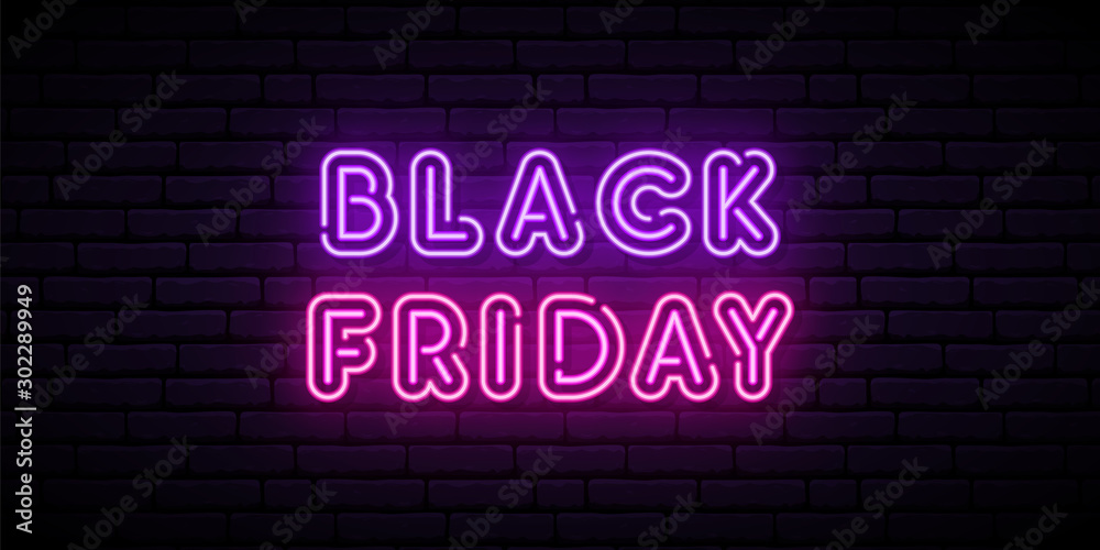 Black Friday neon sign. Bright concept signboard. Vector Sale background with violet inscription.