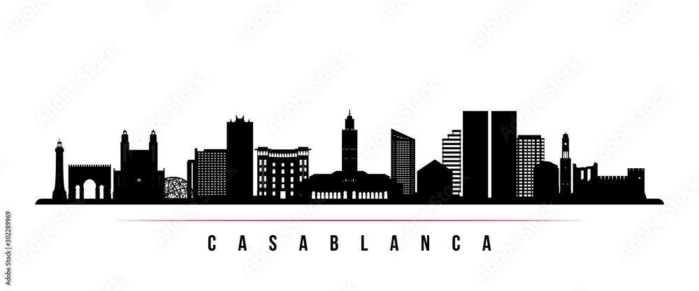 Casablanca skyline horizontal banner. Black and white silhouette of Casablanca, Morocco. Vector template for your design.