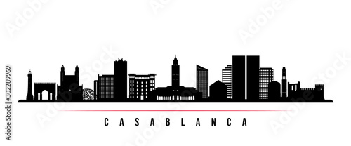 Casablanca skyline horizontal banner. Black and white silhouette of Casablanca, Morocco. Vector template for your design.