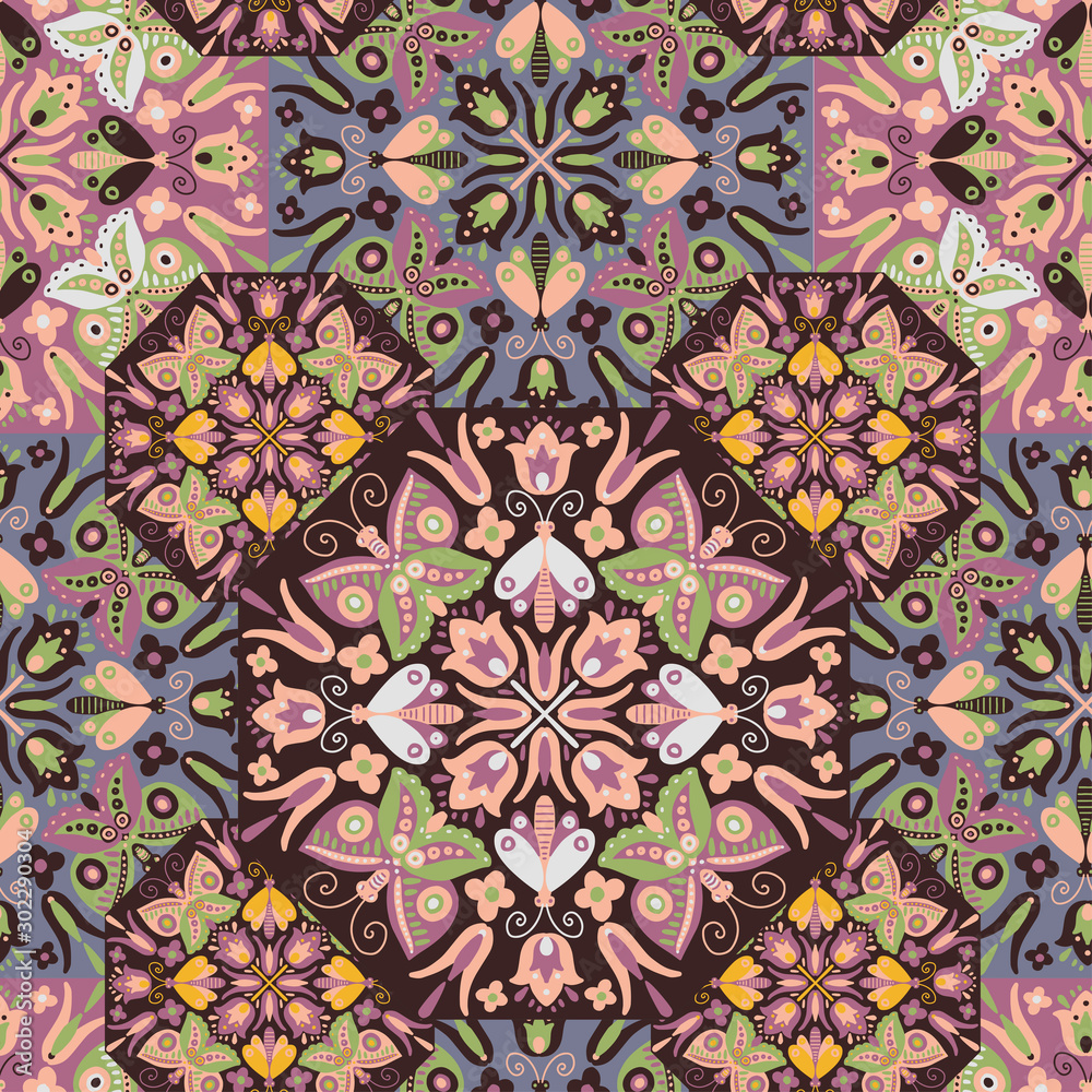 Modern seamless vector floral pattern with kaleidoscope motifs. Can be used for printing on paper, stickers, badges, bijouterie, cards, textiles. 