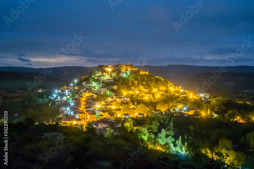 View of hilltop town, Cordes-sur-Ciel at night, Midi-PyrÈnÈes, France photo