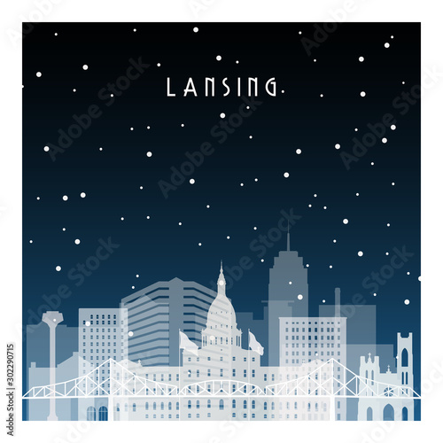 Winter night in Lansing. Night city in flat style for banner, poster, illustration, background.