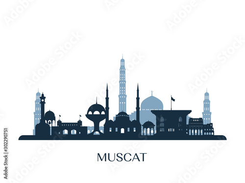 Muscat skyline, monochrome silhouette. Vector illustration.