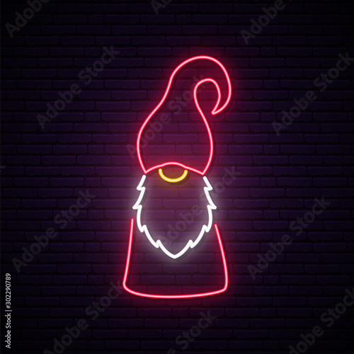 Christmas gnome neon sign. Cute scandinavian gnome Tomte illustration in neon style. Vector light signboard.