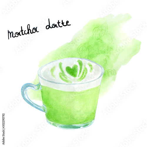 watercolor matcha latte. Asian  hot drink