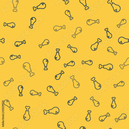 Blue line Chicken leg icon isolated seamless pattern on yellow background. Chicken drumstick. Vector Illustration