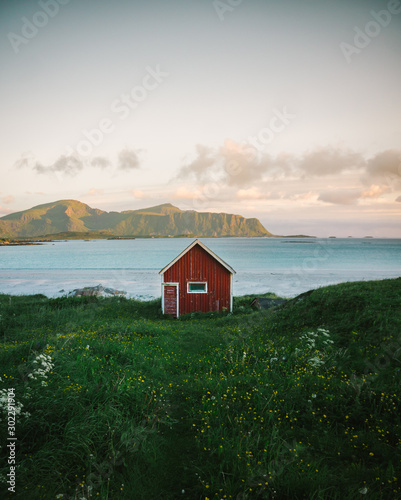 Boat house in the north of norway Lofoten midnightsun