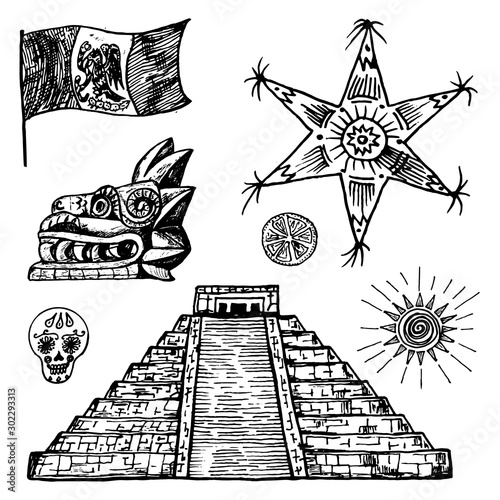 Mexico set in vintage style. Traditional national elements  pyramid and star  flag and dragon. Engraved hand drawn sketch.