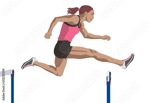 female hurdler jumping over hurdle isolated on a white  background