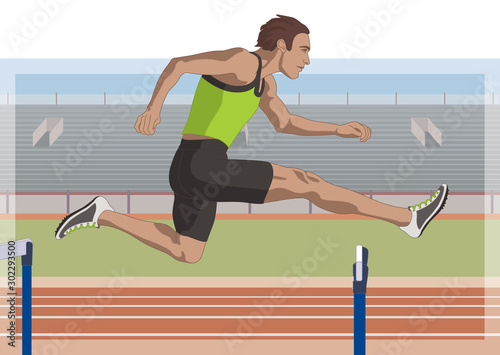 male hurdler jumping over hurdle with stadium in the background