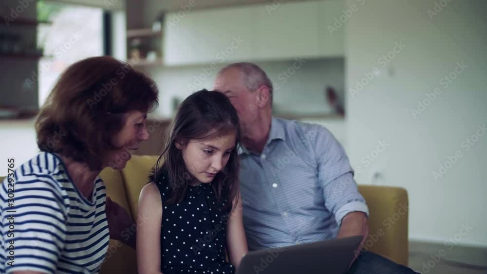 A small girl with senior grandparents indoors sitting on sofa, using laptop. A small girl with senior grandparents indoors sitting on sofa, using laptop.