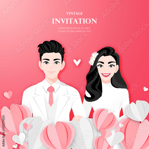Love couple on wedding day in paper heart shape background. Valentine's Day cartoon character design vector