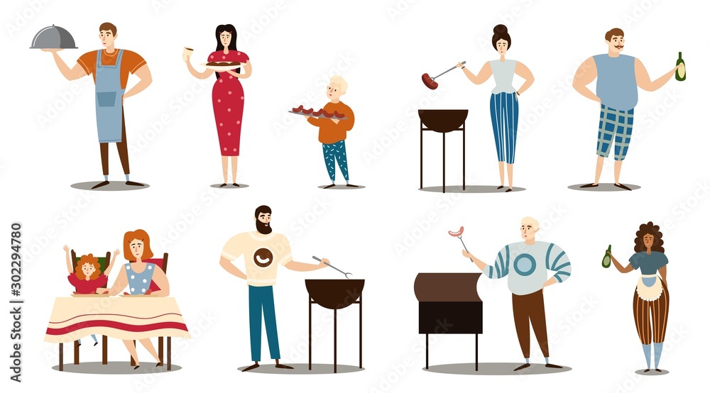 Obraz premium Set of people cooking and serving barbecue meat vector illustration
