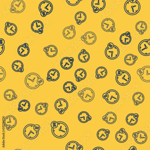 Blue line Clock 24 hours icon isolated seamless pattern on yellow background. All day cyclic icon. 24 hours service symbol. Vector Illustration