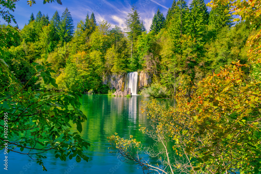 The most stunning place in Croatia, Europe. Autumn landscape with waterfall in Plitvice Lakes National Park.