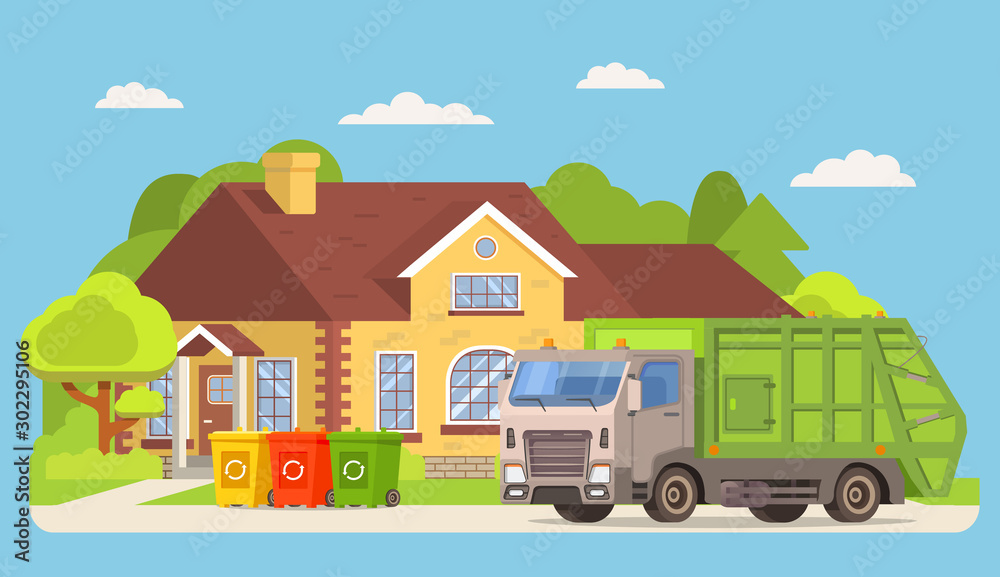 Garbage truck.Vector illustration.Townhouse building.