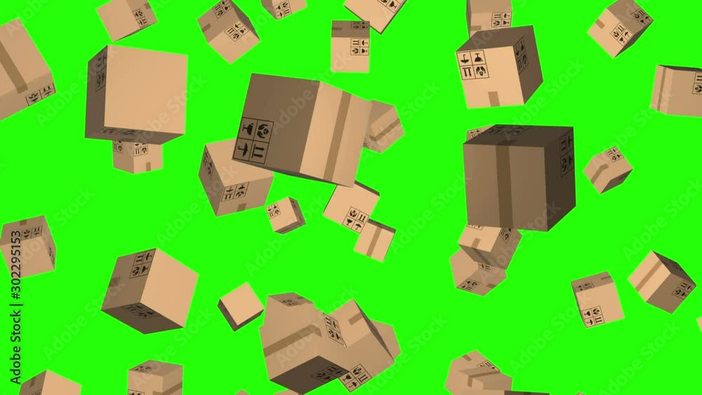 Rain of cargo boxes falling on green screen or chroma key. Shipping and logistics box. E- commerce concept. Cardboard packs delivery. 3d animation