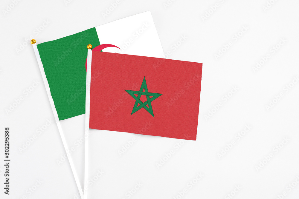 Morocco and Algeria stick flags on white background. High quality fabric, miniature national flag. Peaceful global concept.White floor for copy space.