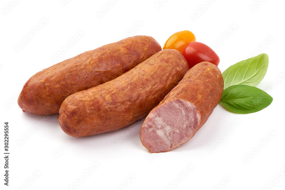 German dried sausages. Hard cured sausage, isolated on white background German dried sausages. Hard cured sausage, isolated on white background
