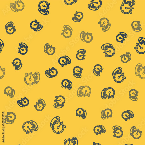 Blue line American Football ball and stopwatch icon isolated seamless pattern on yellow background. Set of sport equipment. Vector Illustration