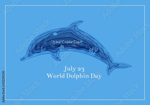 Silhouette of a dolphin cut out of paper. Papercut butterflyfish, jellyfish, moonfish, turtle. Craft underwater ocean cave with fishes, coral reef, seabed algae, waves. Vector World Ocean Day concept.