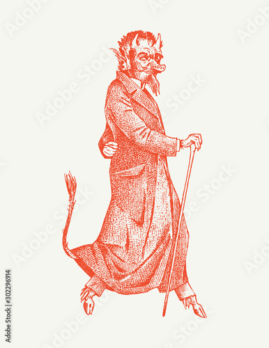 Damn or demon with horns and pork nose in vintage style. Mystical imaginary character in retro old style. Engraved Fantasy creature. Hand drawn vector sketch.