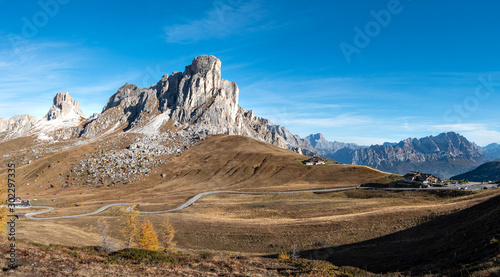 Mountain landscape of the picturesque Dolomites at the Passo Di Giau area in South Tyrol in Italy.