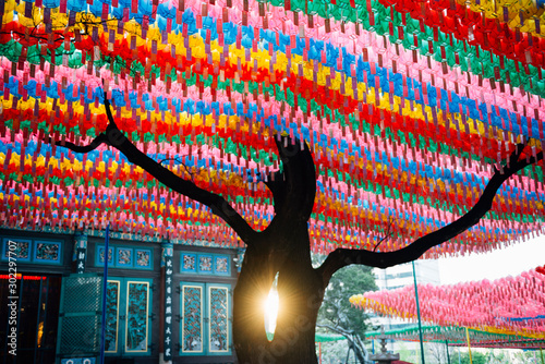 Jogyesa Temple decorated with paper lanterns at sunset, Seoul, South Korea