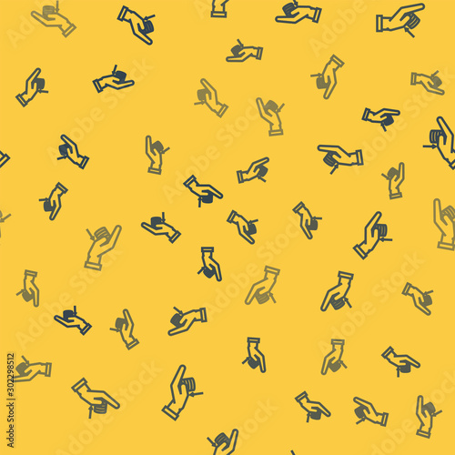Blue line Money on hand icon isolated seamless pattern on yellow background. Palm holds cash with down. Cash salary decrease. Vector Illustration