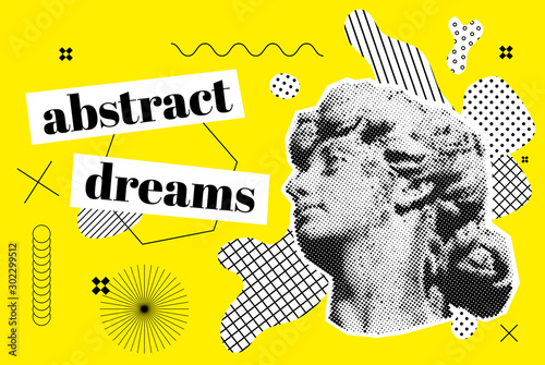 Bright vector collage of universal graphic Elements, Geometric Shapes, Dotted Halftone Objects for your design
