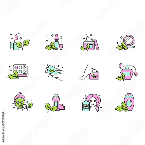 Organic cosmetics color icons set. Lipstick. Mascara. Cream, lotion. Perfume. Eco skincare products. Haircare, makeup items. Visage beauty aid. Personal hygiene. Isolated vector illustrations