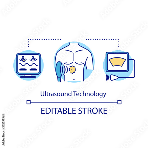 Ultrasound technology concept icon. Diagnostic sonography. Diagnosis and treatment. Ultrasonography. Bioengineering idea thin line illustration. Vector isolated outline drawing. Editable stroke