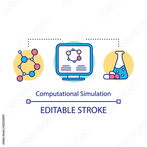 Computational simulation concept icon. Computer modeling. Visualization of molecular research results. Biotechnology idea thin line illustration. Vector isolated outline drawing. Editable stroke