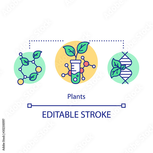 Plants concept icon. Artificial selection of signs. Breeding new varieties. Genetic engineering. Biotechnology idea thin line illustration. Vector isolated outline drawing. Editable stroke
