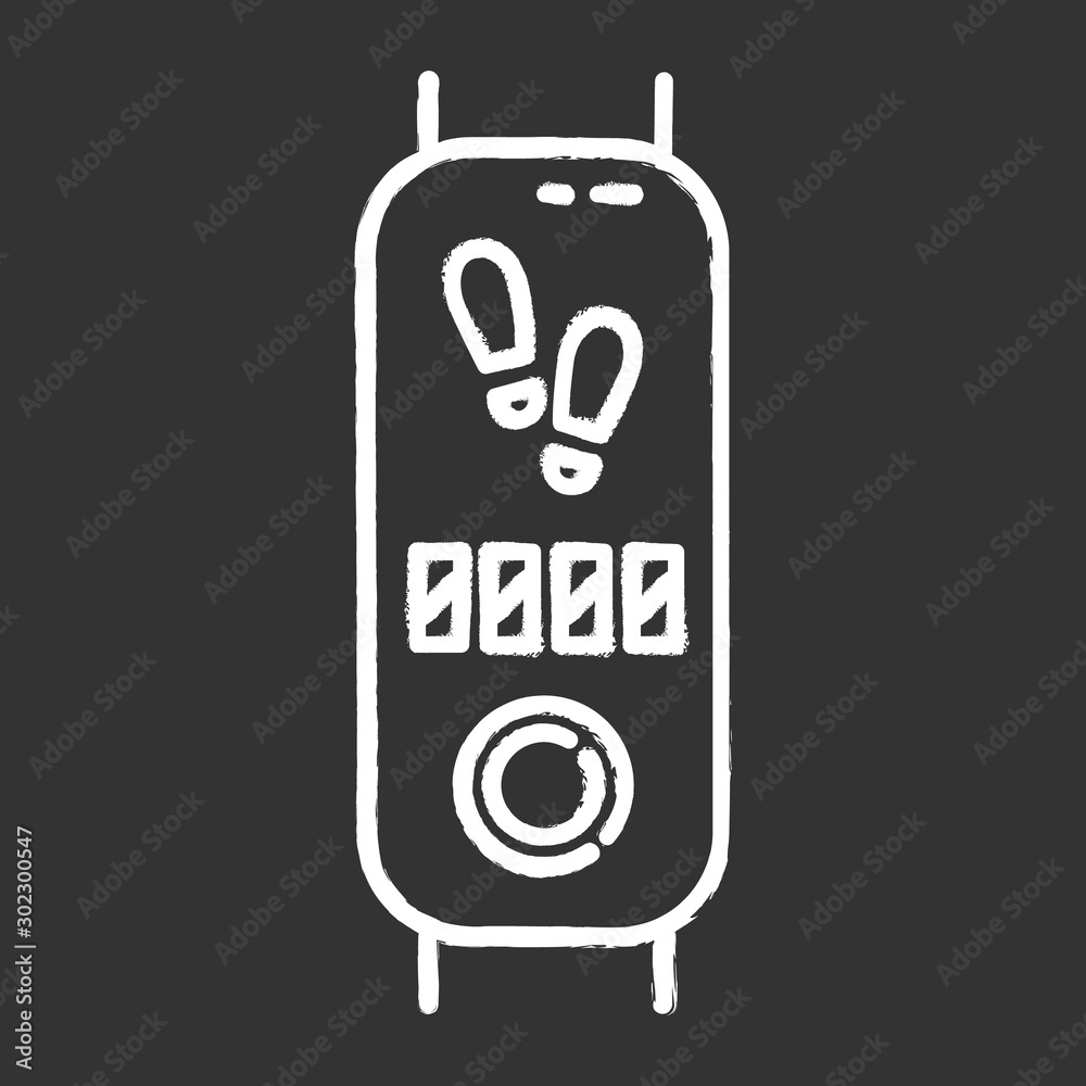 Fitness tracker with step counter chalk icon. Trendy wellness device with electronic pedometer. Active lifestyle gadget, smartwatch showing steps number. Isolated vector chalkboard illustration Fitness tracker with step counter chalk icon. Trendy wellness device with electronic pedometer. Active lifestyle gadget, smartwatch showing steps number. Isolated vector chalkboard illustration