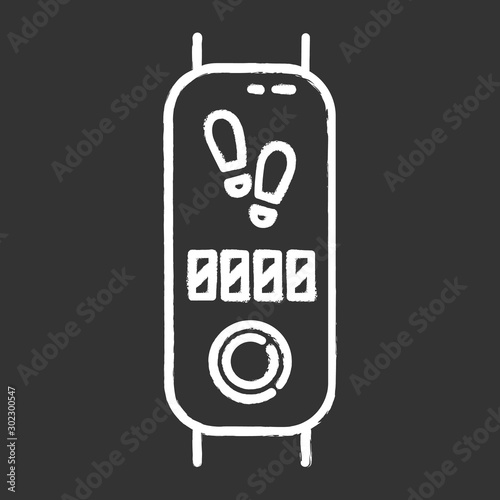 Fitness tracker with step counter chalk icon. Trendy wellness device with electronic pedometer. Active lifestyle gadget, smartwatch showing steps number. Isolated vector chalkboard illustration