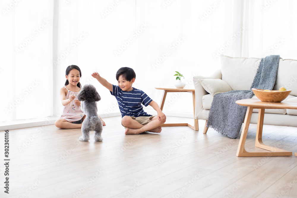 Happy Chinese sibling playing with dog in living room