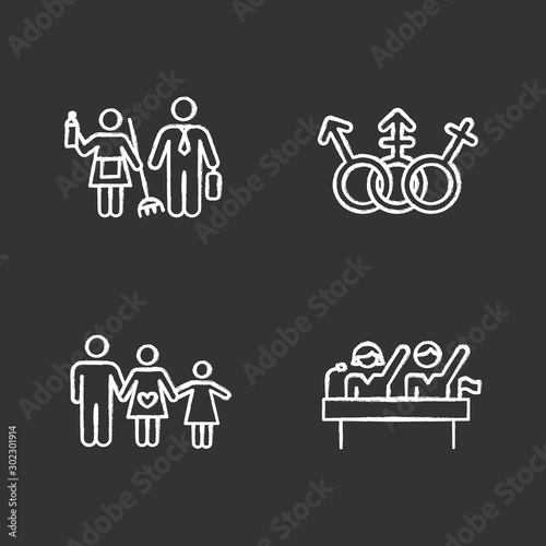 Gender equality chalk icons set. Politic rights. Transgender people, LGBTQ community. Female, male, trans sign. Gender stereotypes. Family planning. Isolated vector chalkboard illustrations