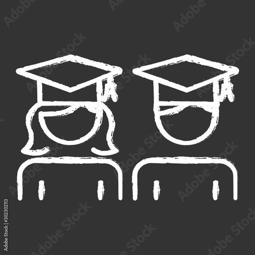 Education gender equality chalk icon. College students. University graduates. Girl, boy studying in school. Female, male rights. Feminism, justice, democracy. Isolated vector chalkboard illustration