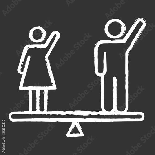 Gender equality chalk icon. Woman and man human right. Democracy, freedom. Female, male balancing on scale. Justice, equality, empowerment. Social unity. Isolated vector chalkboard illustration